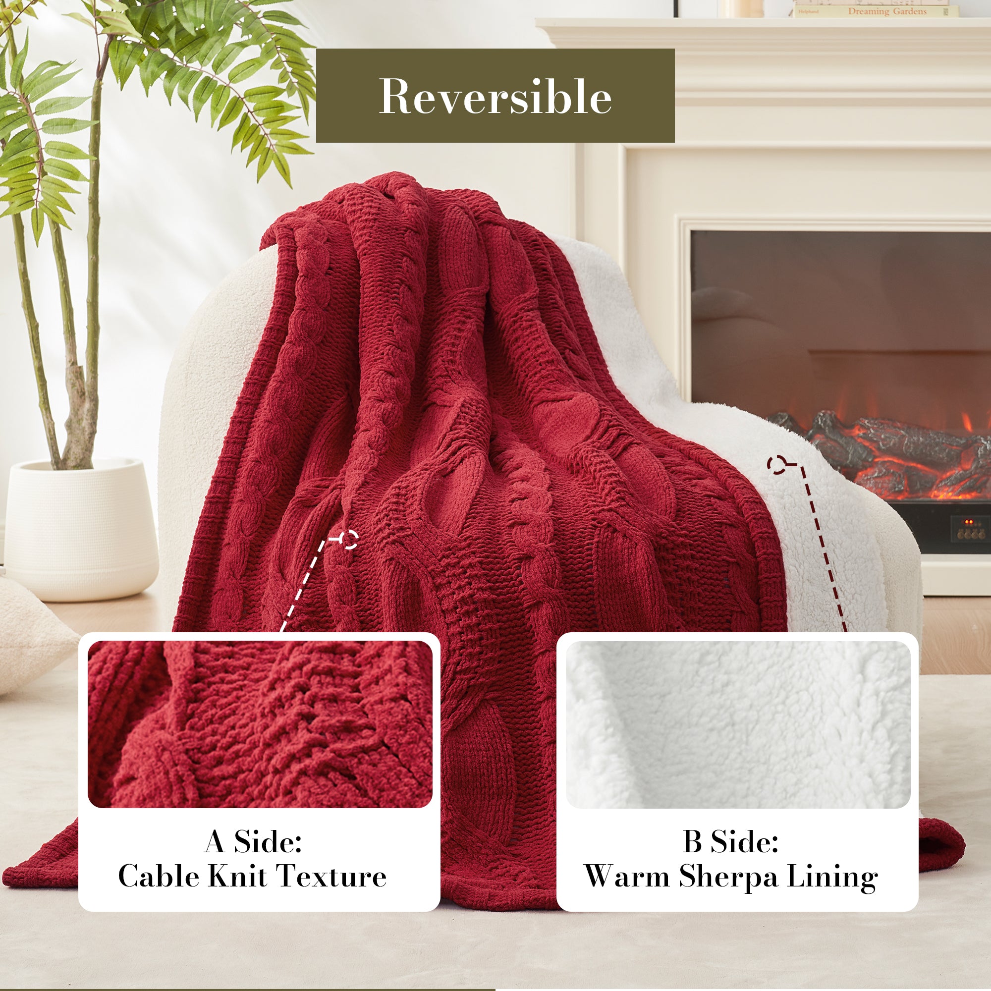 Reversible Chenille Sherpa Cable Knit Throw Blanket-Red