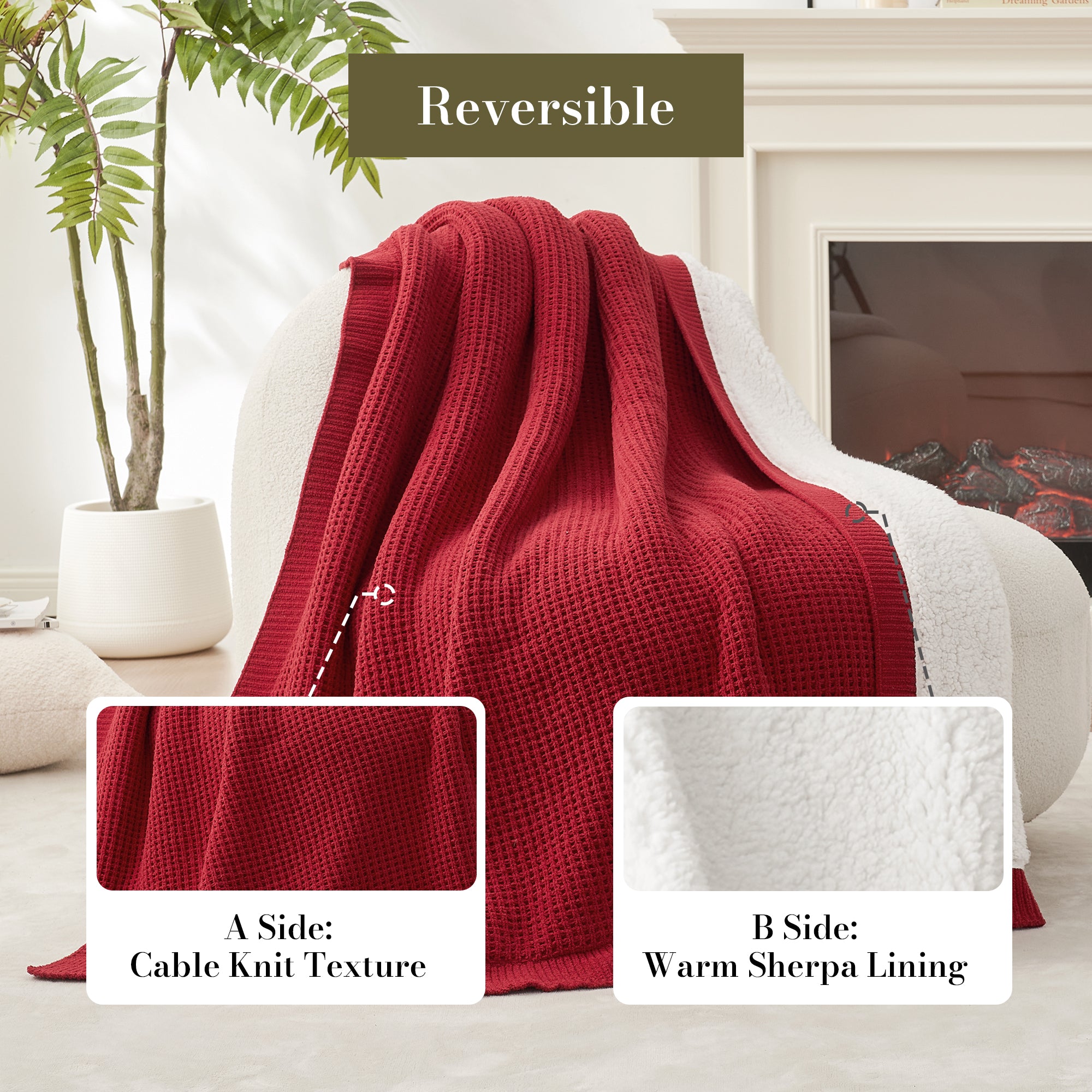 Chenille Waffle Weave Sherpa Fleece Reversible Throw Blanket-red