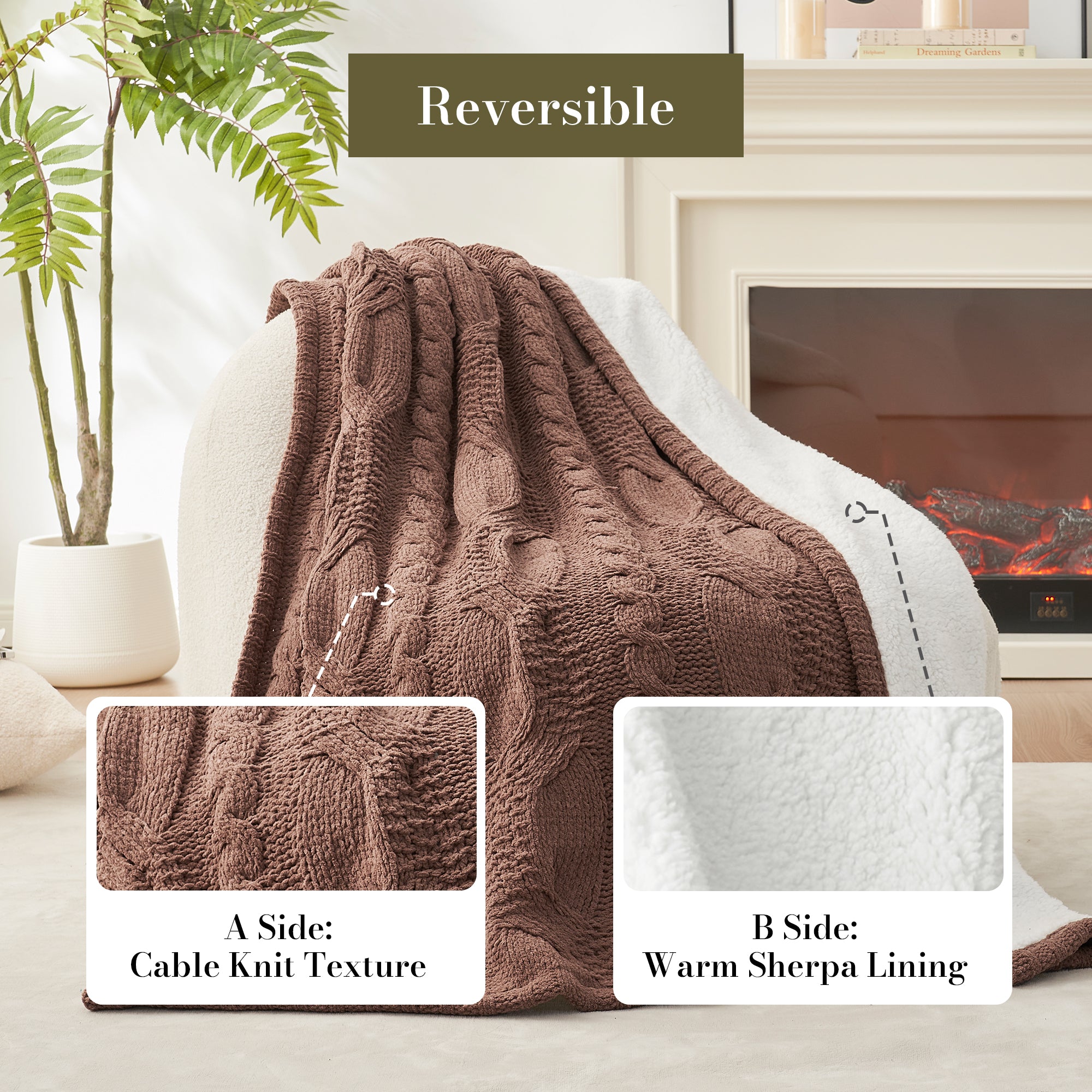 Reversible Chenille Sherpa Cable Knit Throw Blanket-Brown