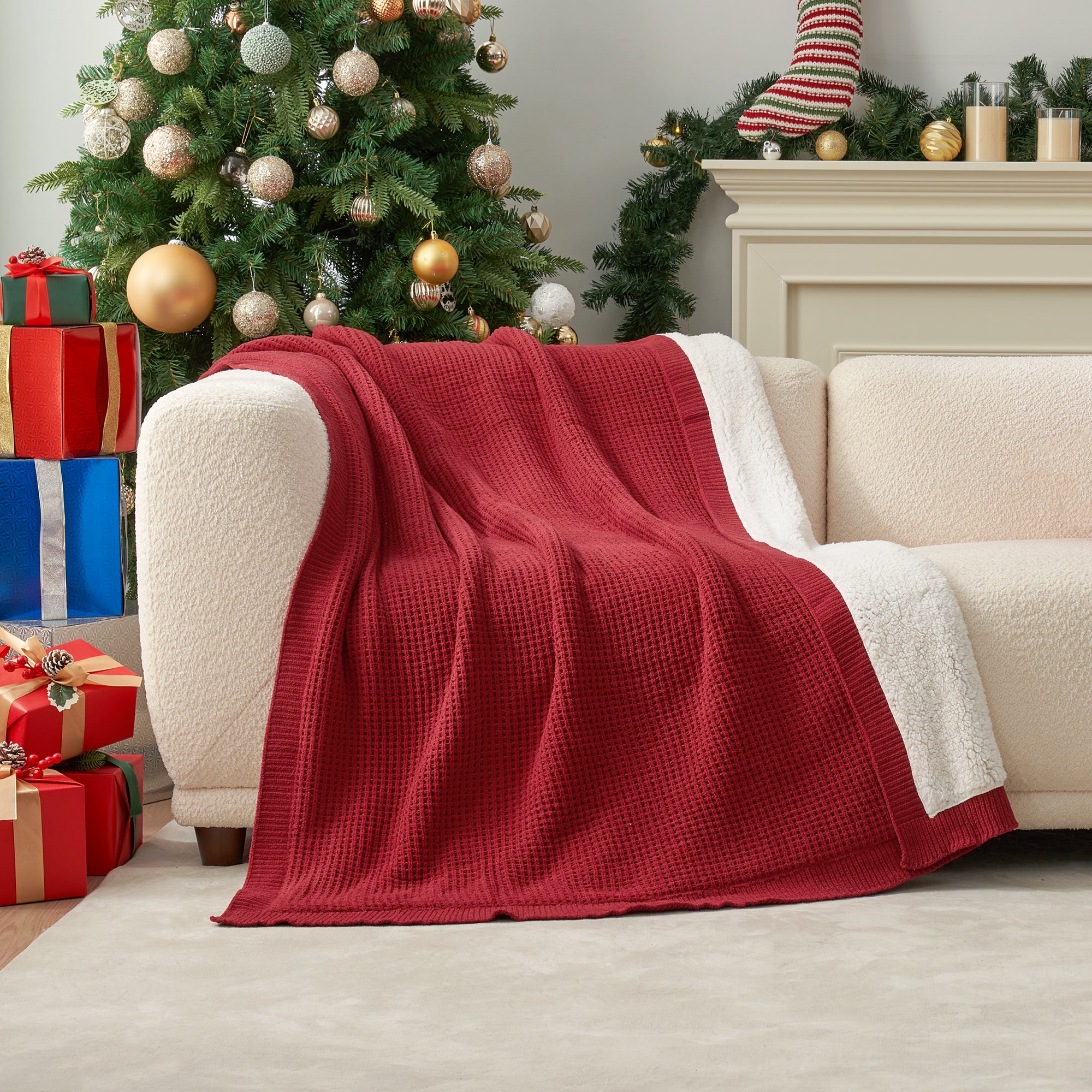 Chenille Waffle Weave Sherpa Fleece Reversible Throw Blanket-red