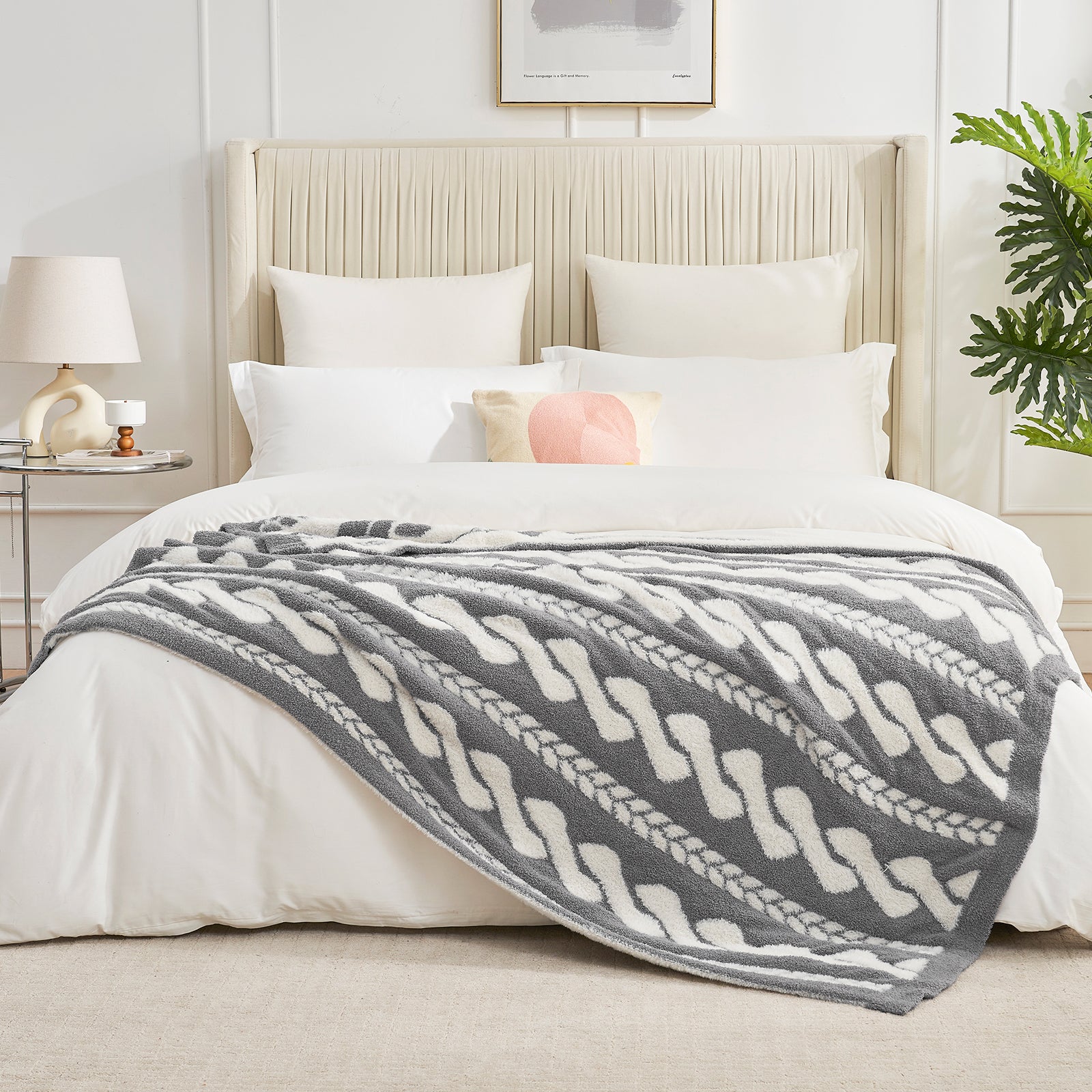 Amélie Home Double Sided Comfy Faux Fur Feather Yarn Throw Blankets-Cable Grey