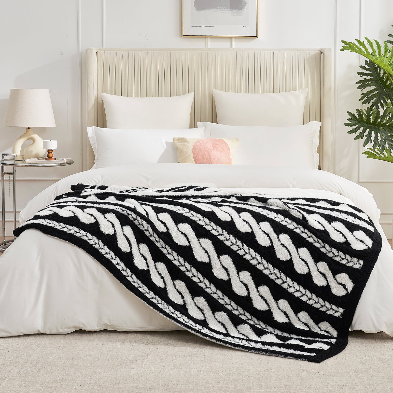 Amélie Home Double Sided Comfy Faux Fur Feather Yarn Throw Blankets-Cable Black