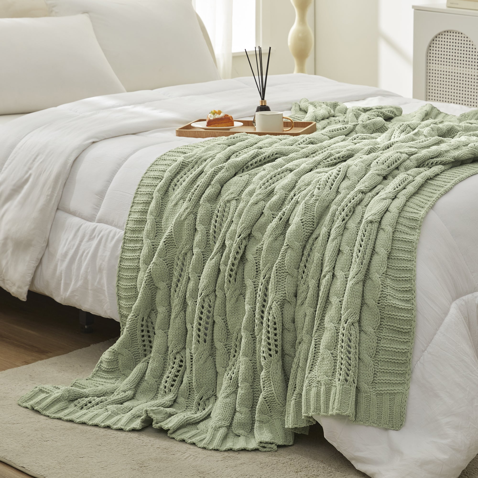 Cable Knitted Throw Blanket-Sage Green