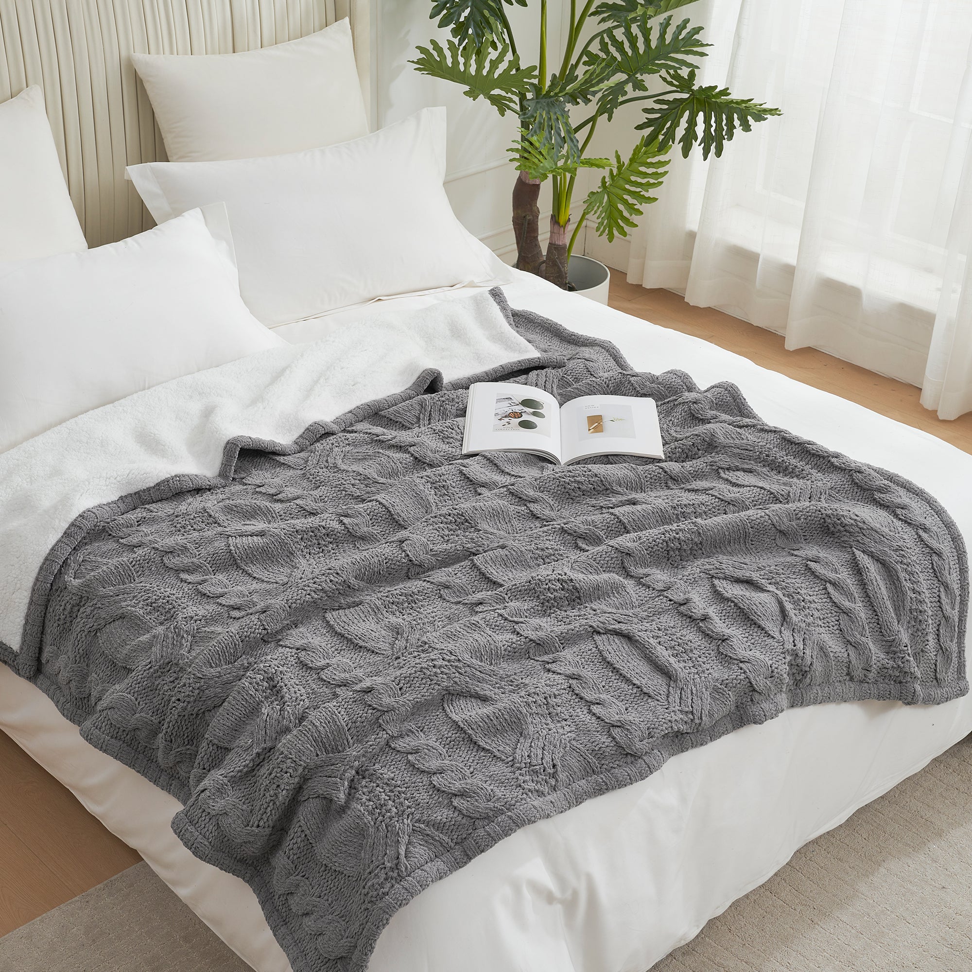 Reversible Chenille Sherpa Cable Knit Throw Blanket-Gray