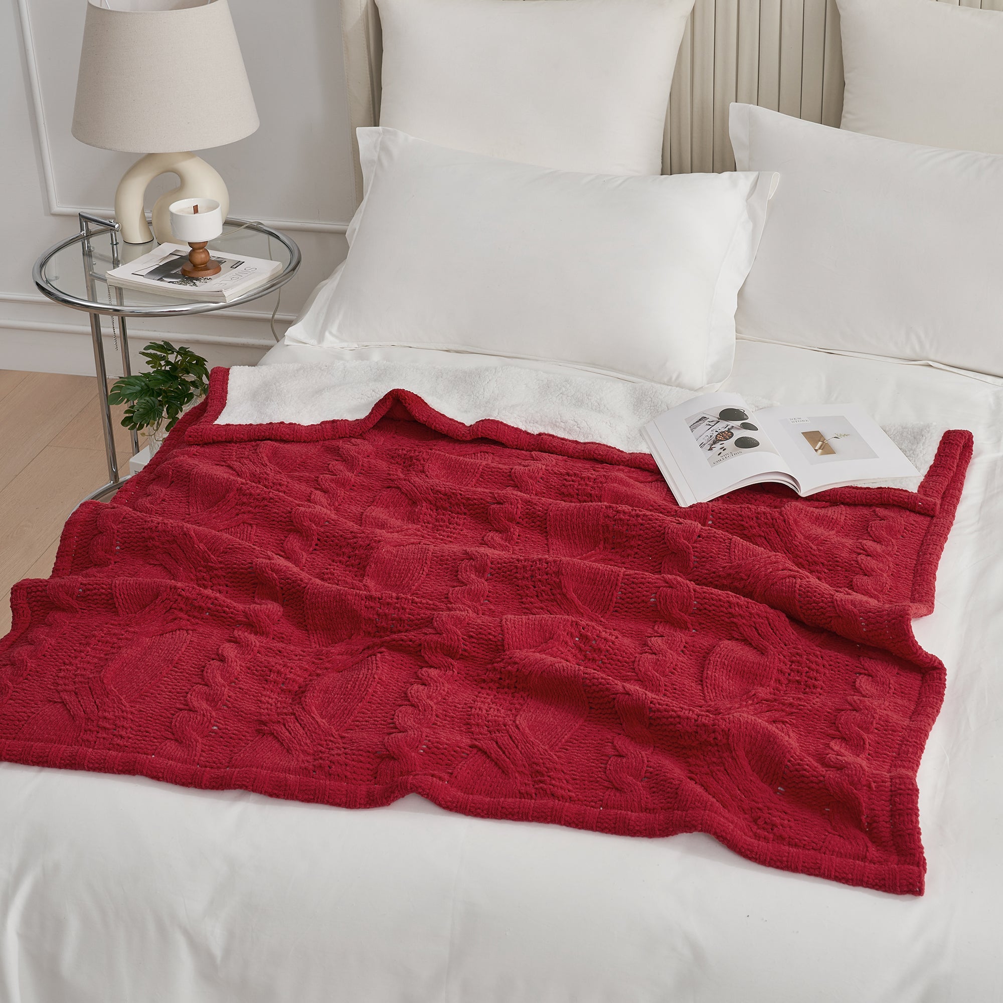 Reversible Chenille Sherpa Cable Knit Throw Blanket-Red