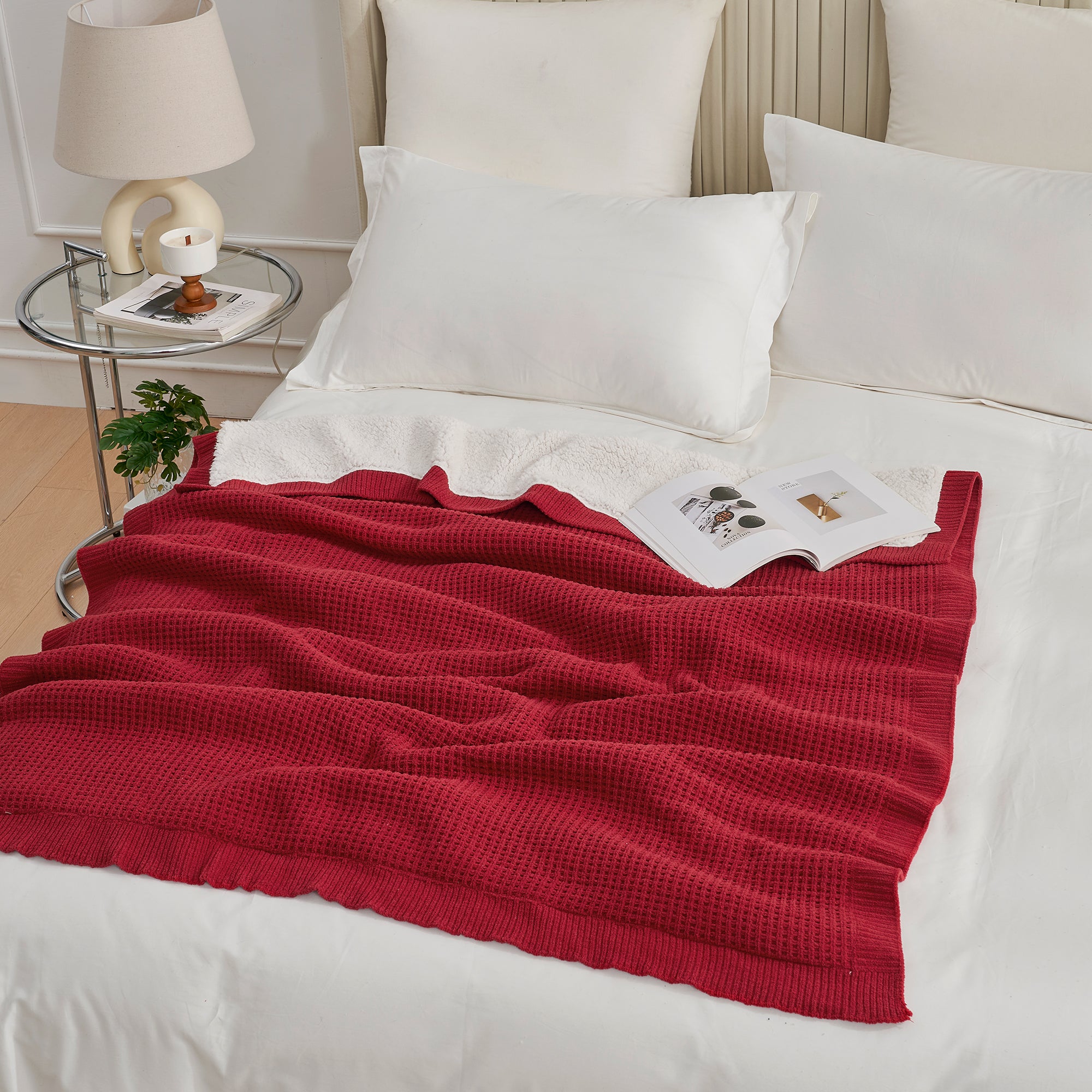 Chenille Waffle Weave Sherpa Fleece Reversible Throw Blanket-red