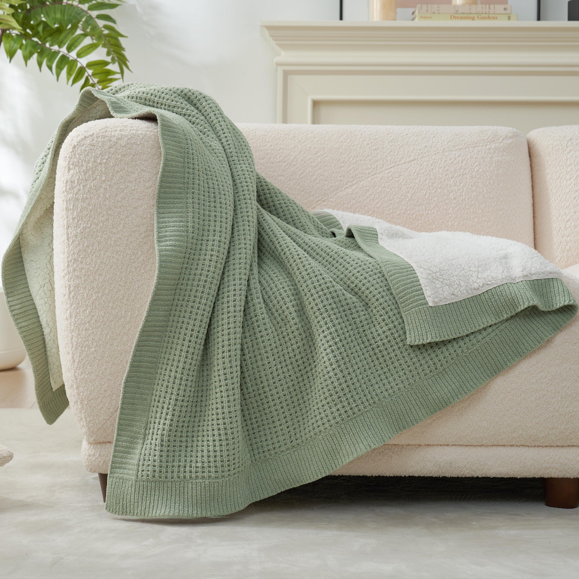 Chenille Waffle Weave Sherpa Fleece Reversible Throw Blanket-sage green