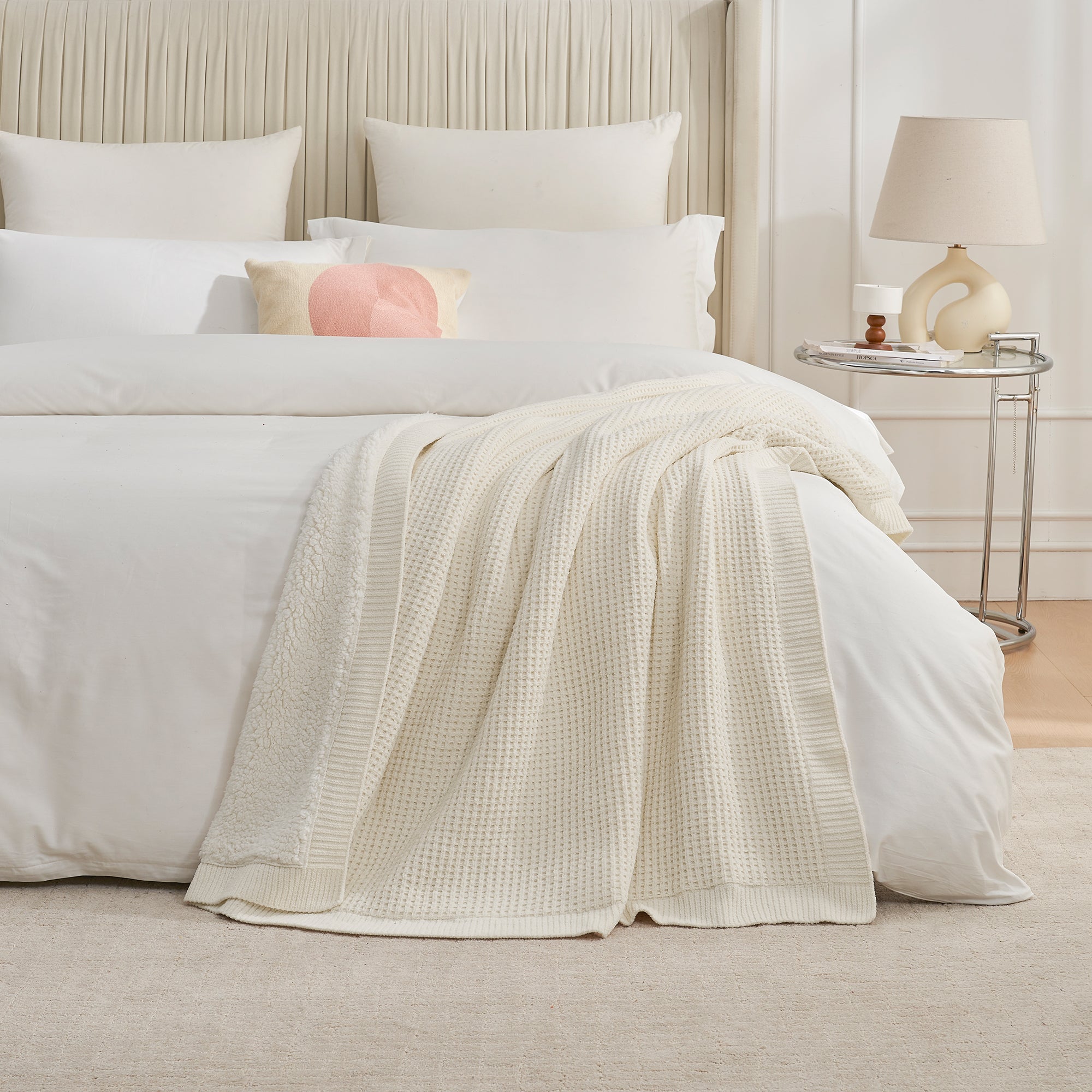 Chenille Waffle Weave Sherpa Fleece Reversible Throw Blanket-ivory