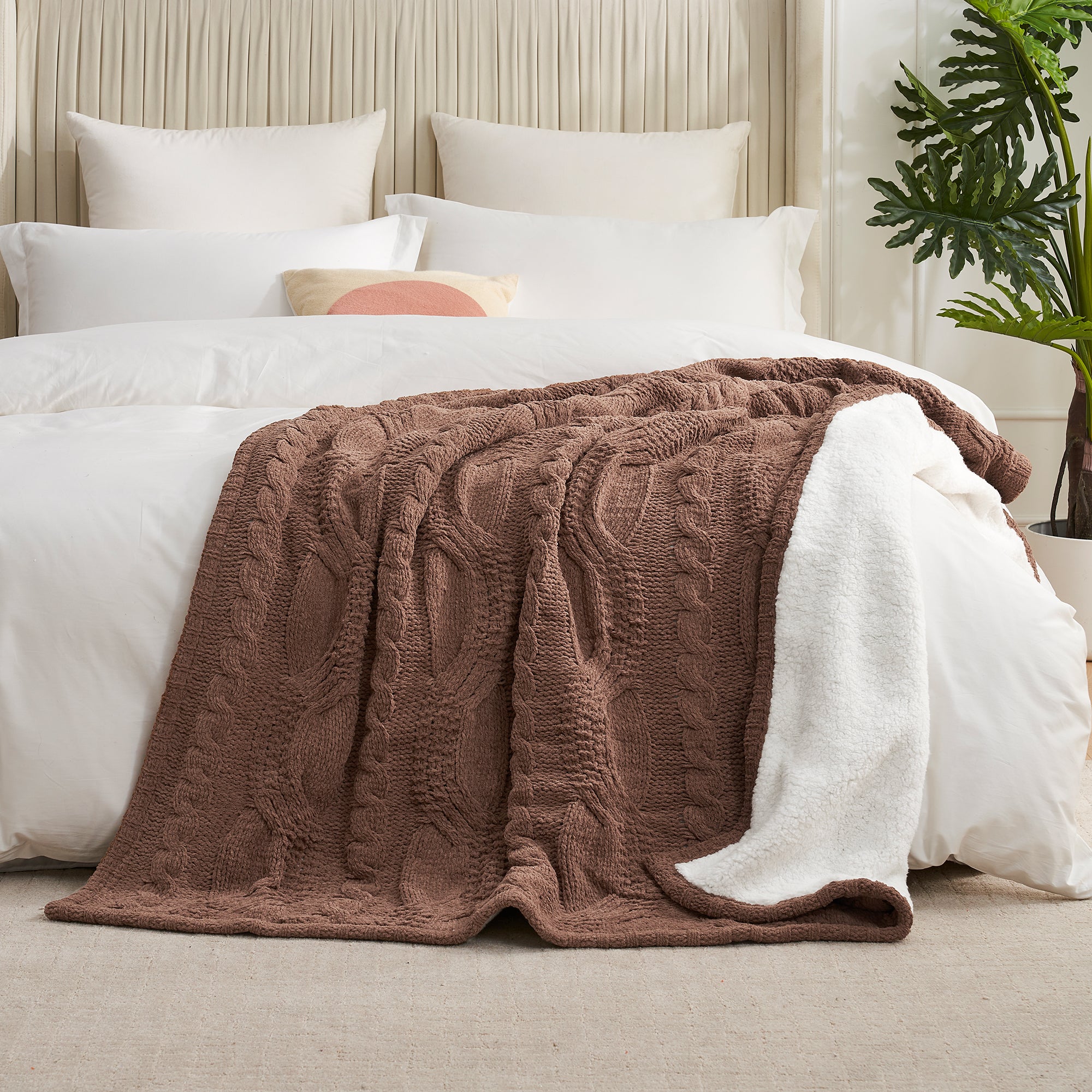 Reversible Chenille Sherpa Cable Knit Throw Blanket-Brown