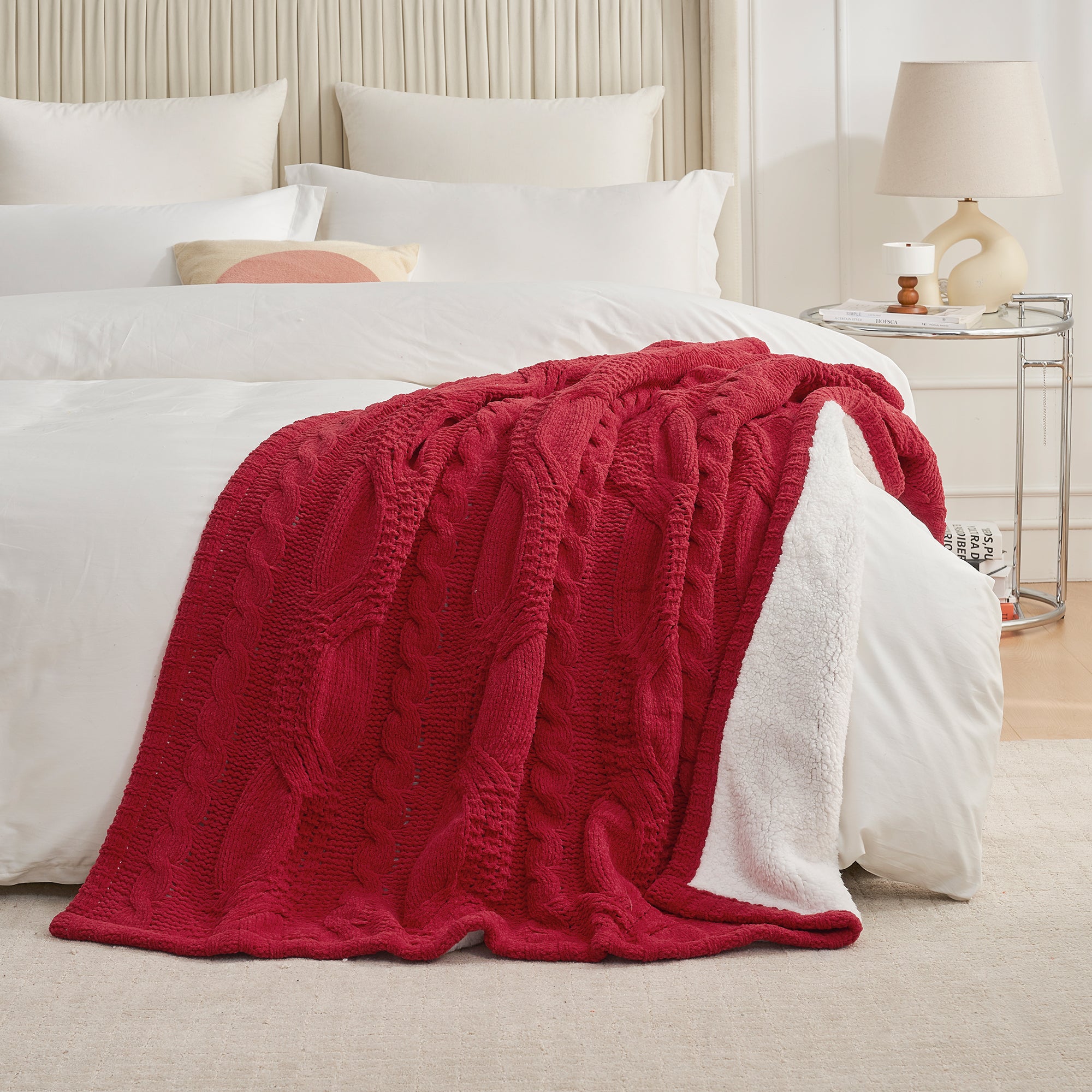 Reversible Chenille Sherpa Cable Knit Throw Blanket-Red