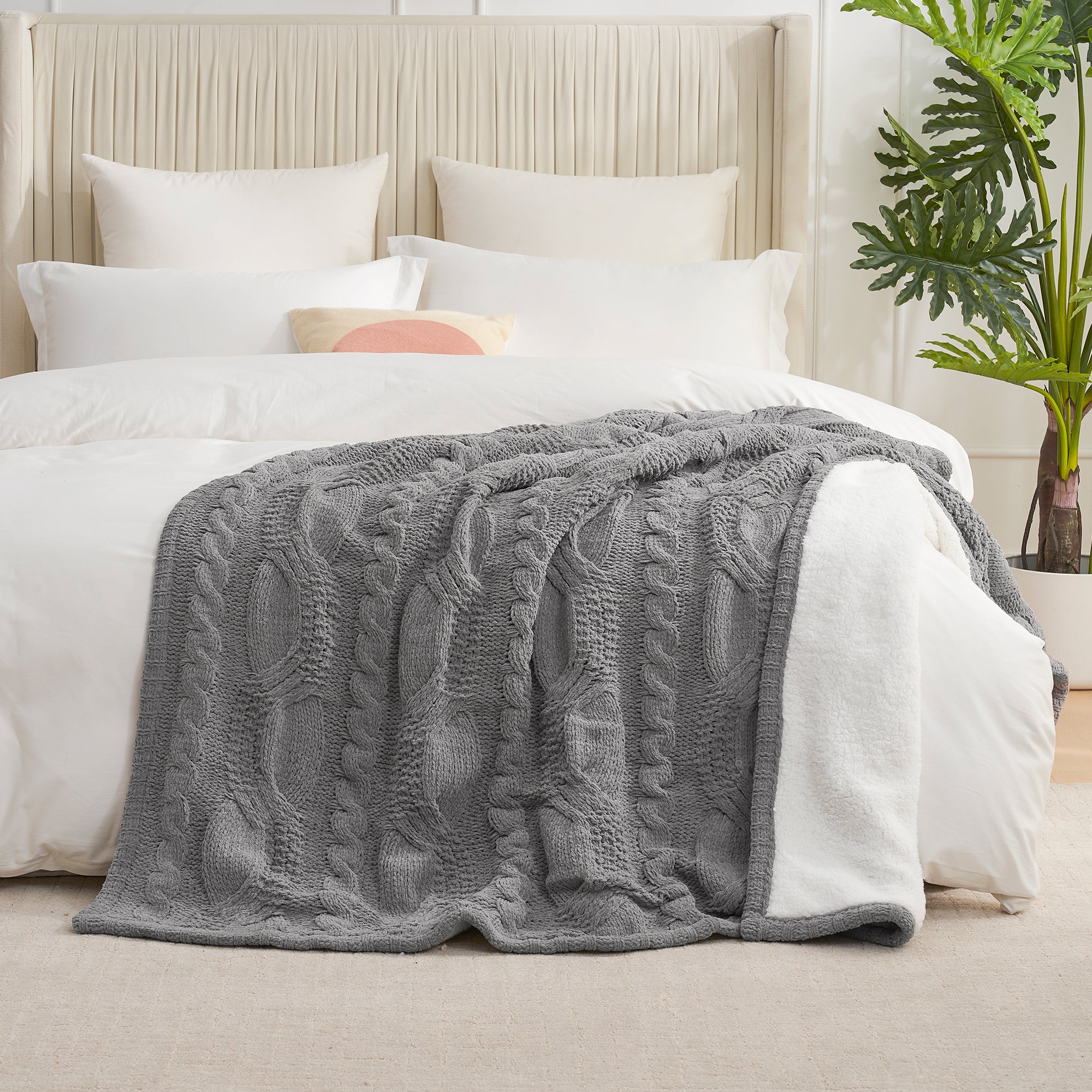 Reversible Chenille Sherpa Cable Knit Throw Blanket-Gray