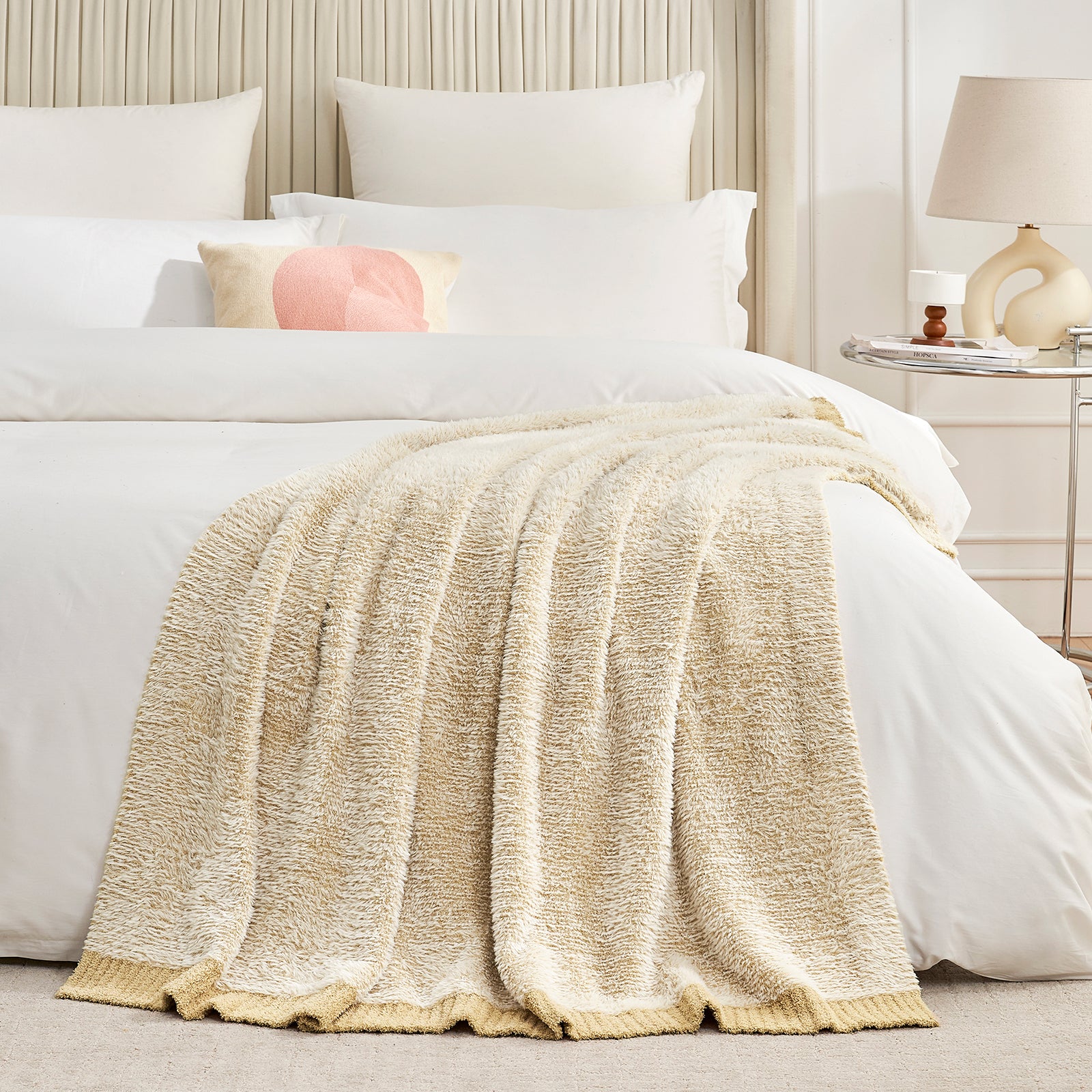 Amélie Home Super Soft Faux Fur Feather Yarn Throw Blankets-Heather Beige