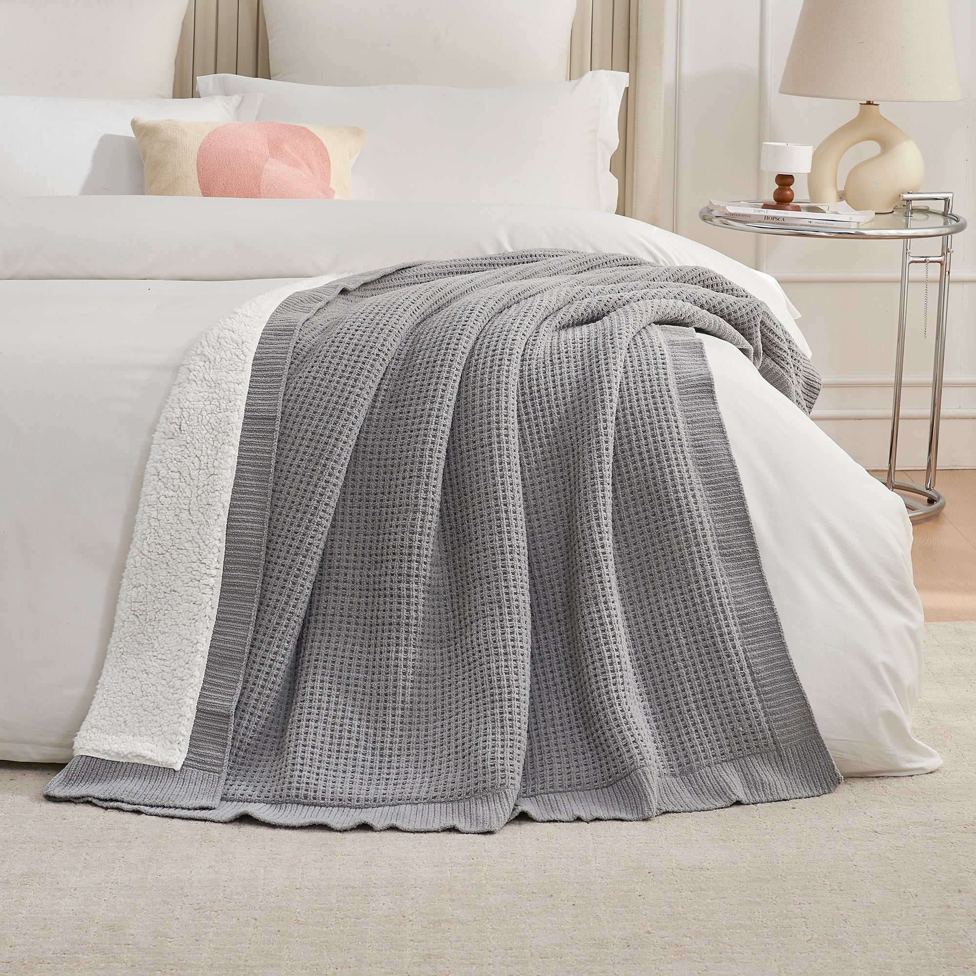 Chenille Waffle Weave Sherpa Fleece Reversible Throw Blanket-grey