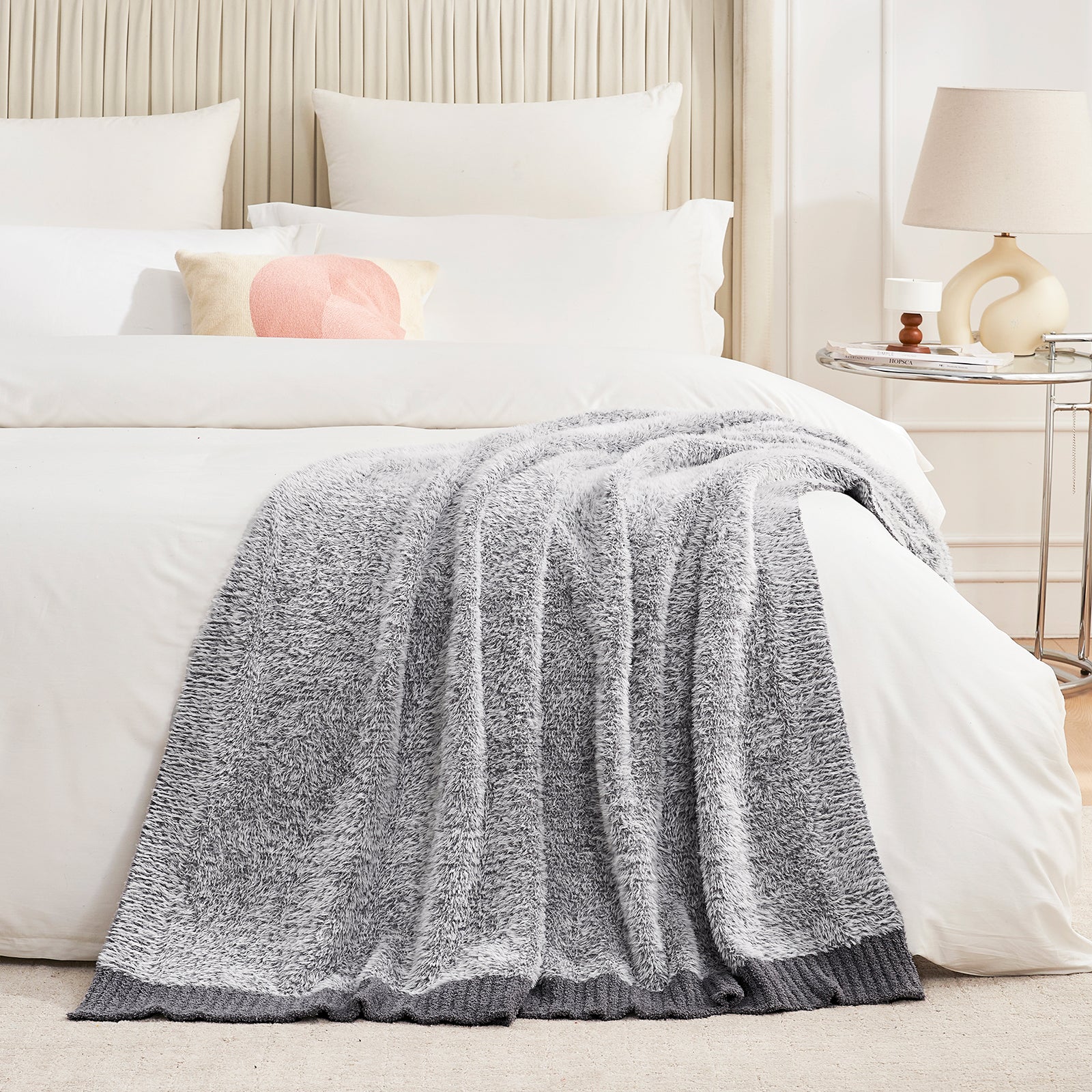 Amélie Home Super Soft Faux Fur Feather Yarn Throw Blankets-Heather Grey