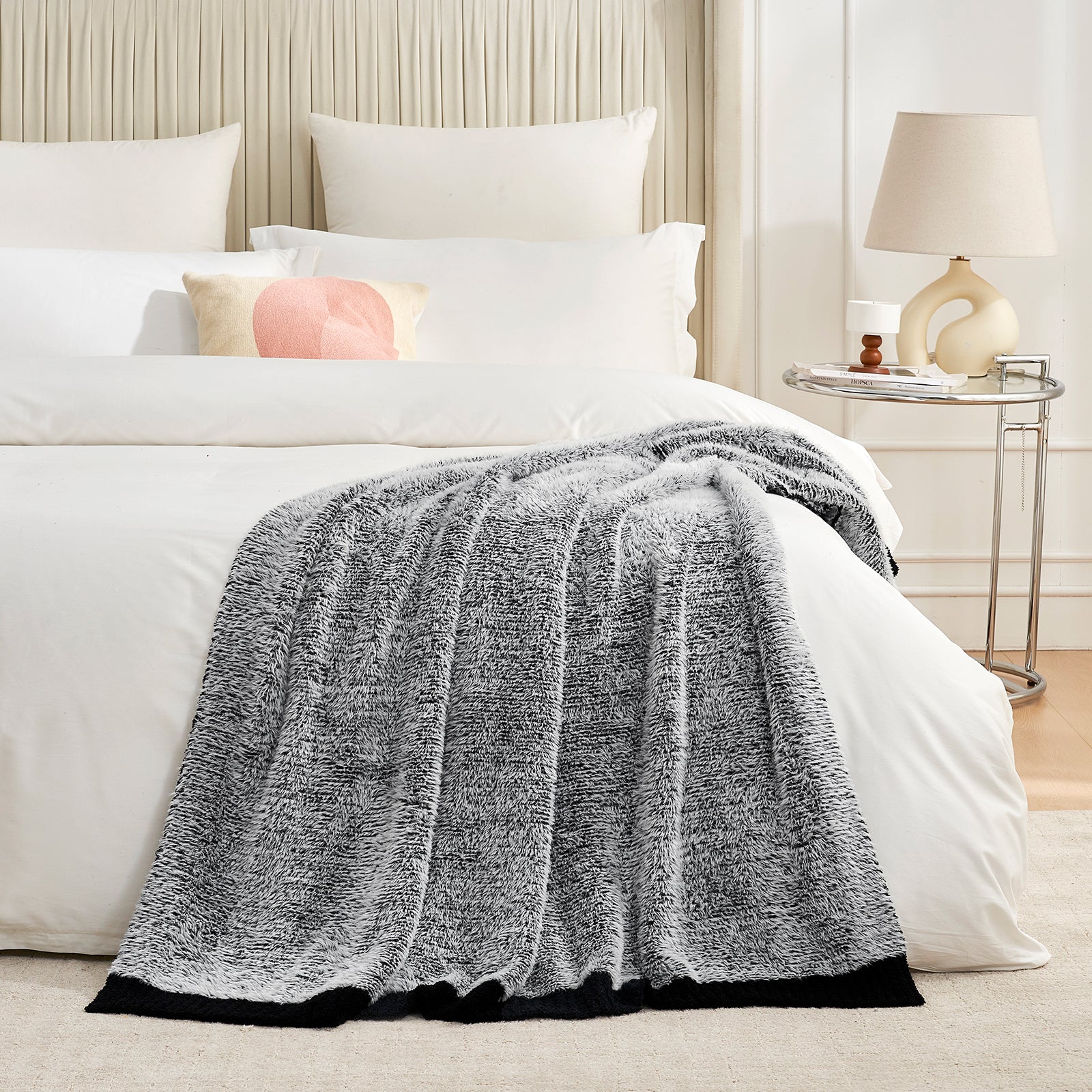 Amélie Home Super Soft Faux Fur Feather Yarn Throw Blankets-Heather Black