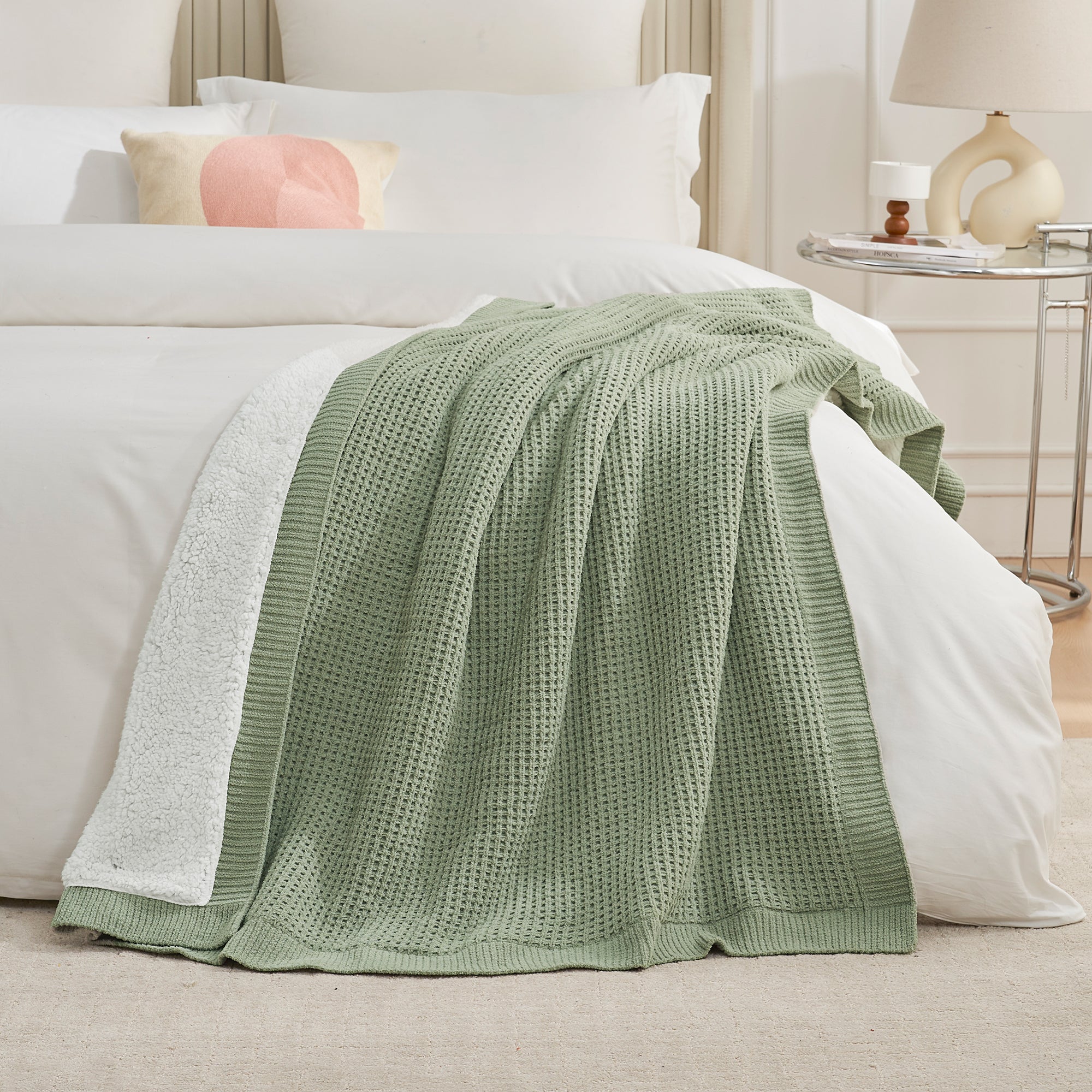 Chenille Waffle Weave Sherpa Fleece Reversible Throw Blanket-sage green