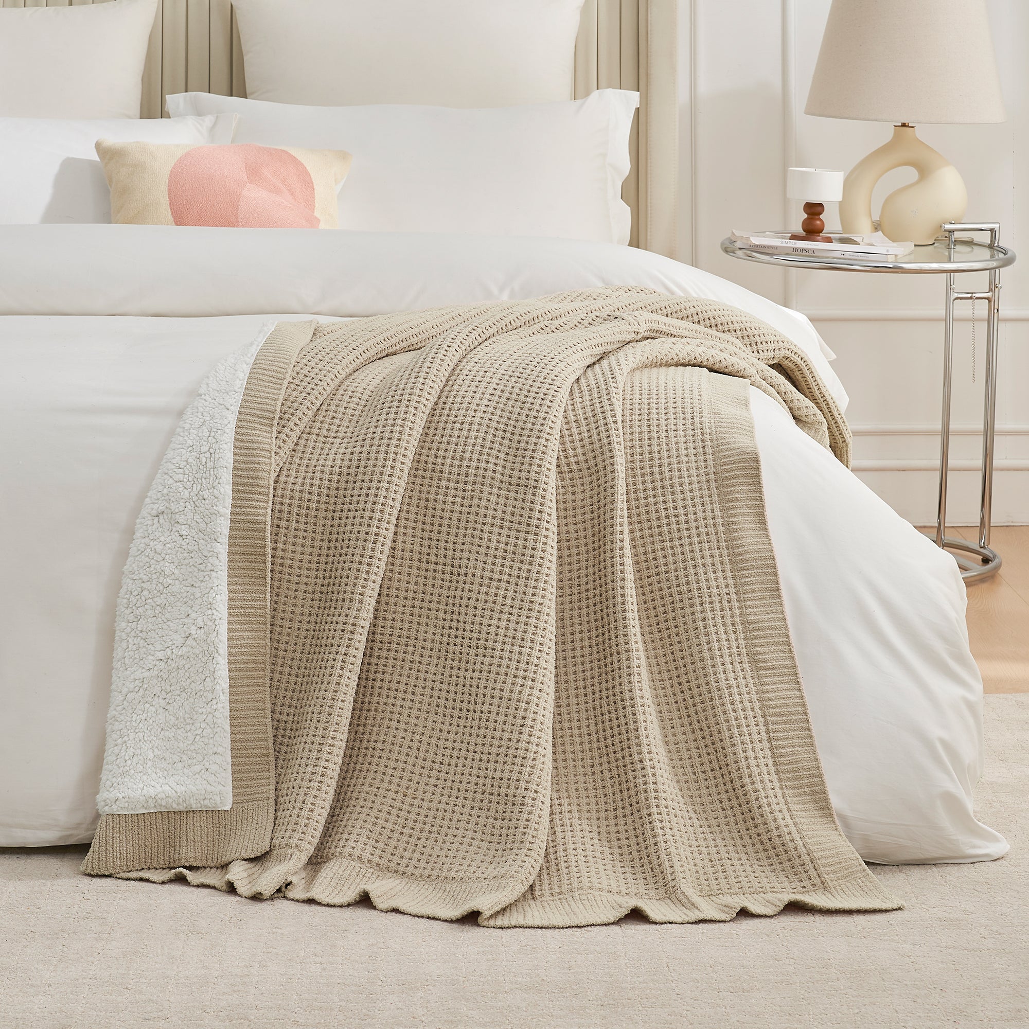 Chenille Waffle Weave Sherpa Fleece Reversible Throw Blanket-Beige