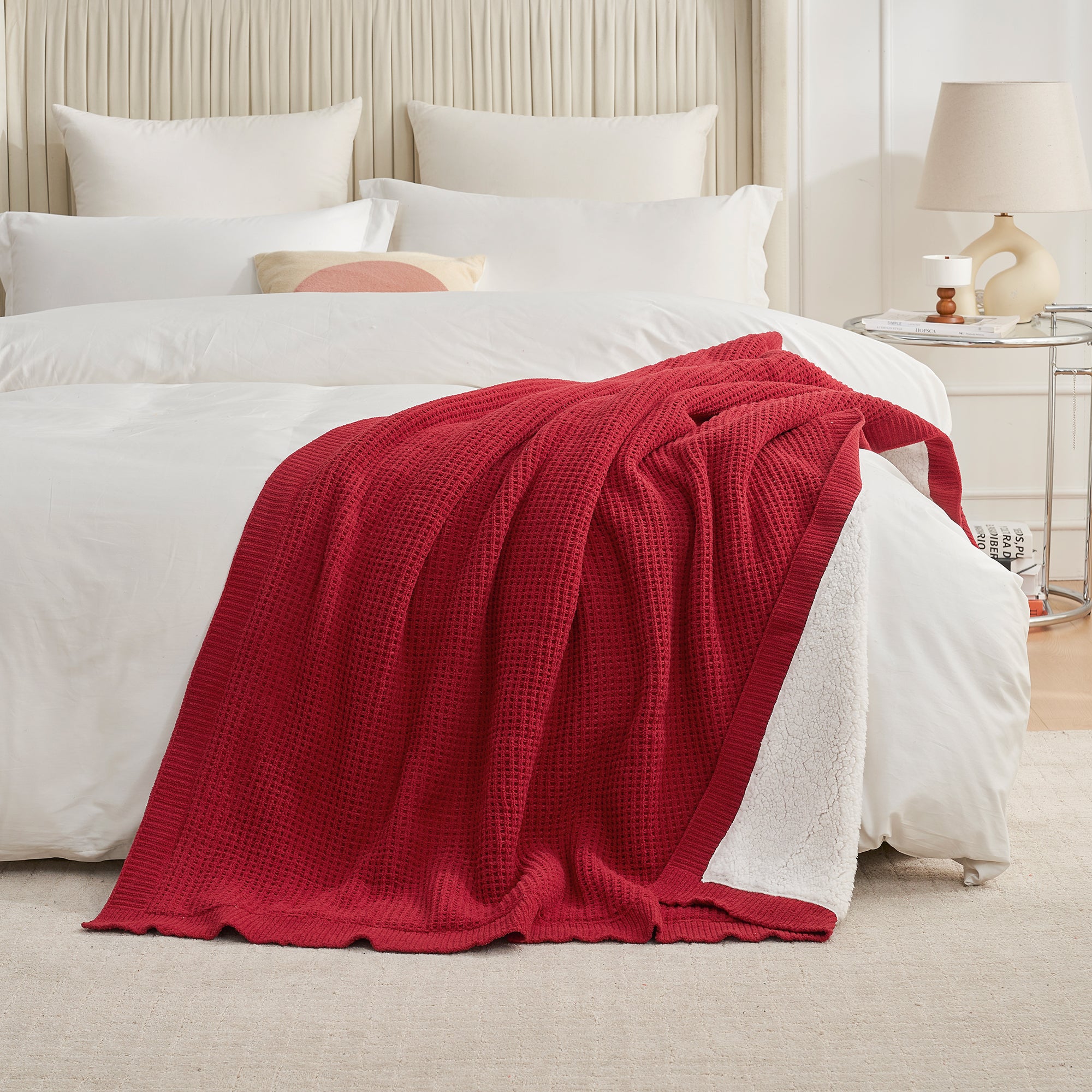 Chenille Waffle Weave Sherpa Fleece Reversible Throw Blanket-red