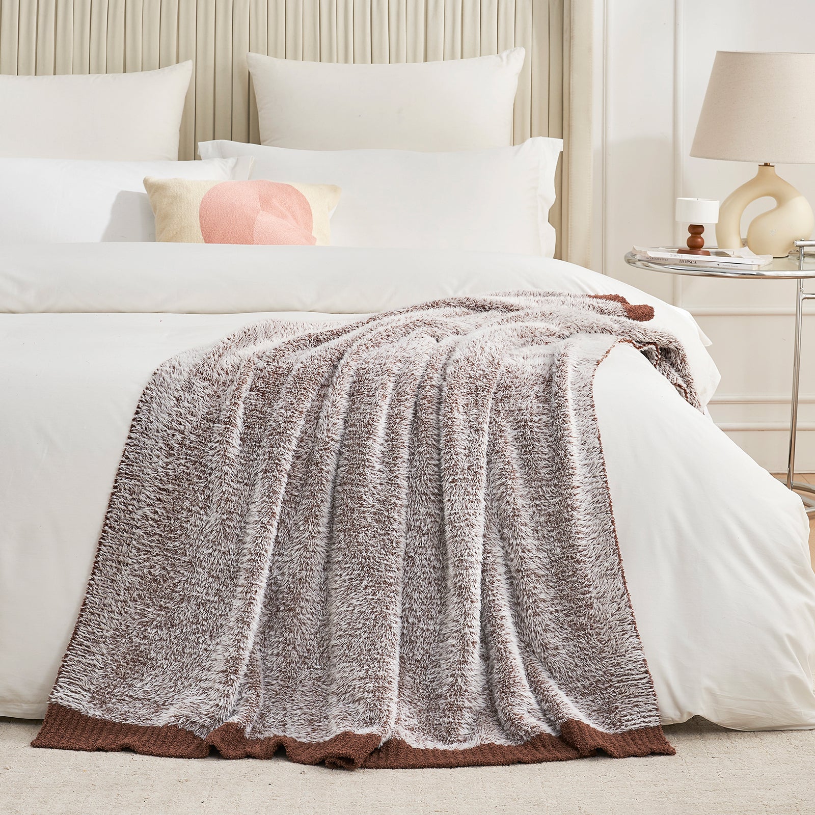 Amélie Home Super Soft Faux Fur Feather Yarn Throw Blankets-Heather Brown