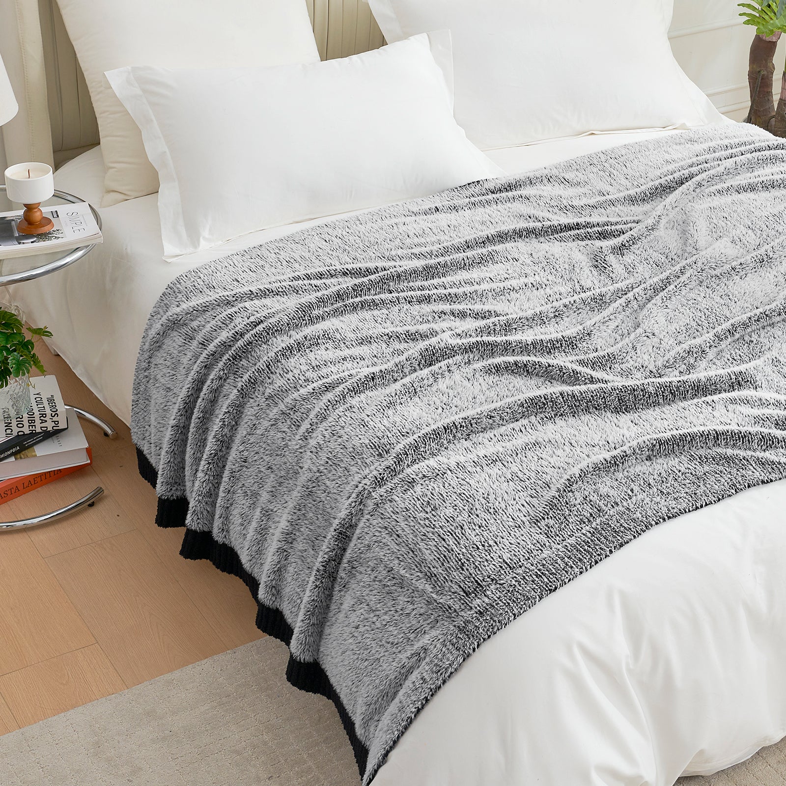 Amélie Home Super Soft Faux Fur Feather Yarn Throw Blankets-Heather Black