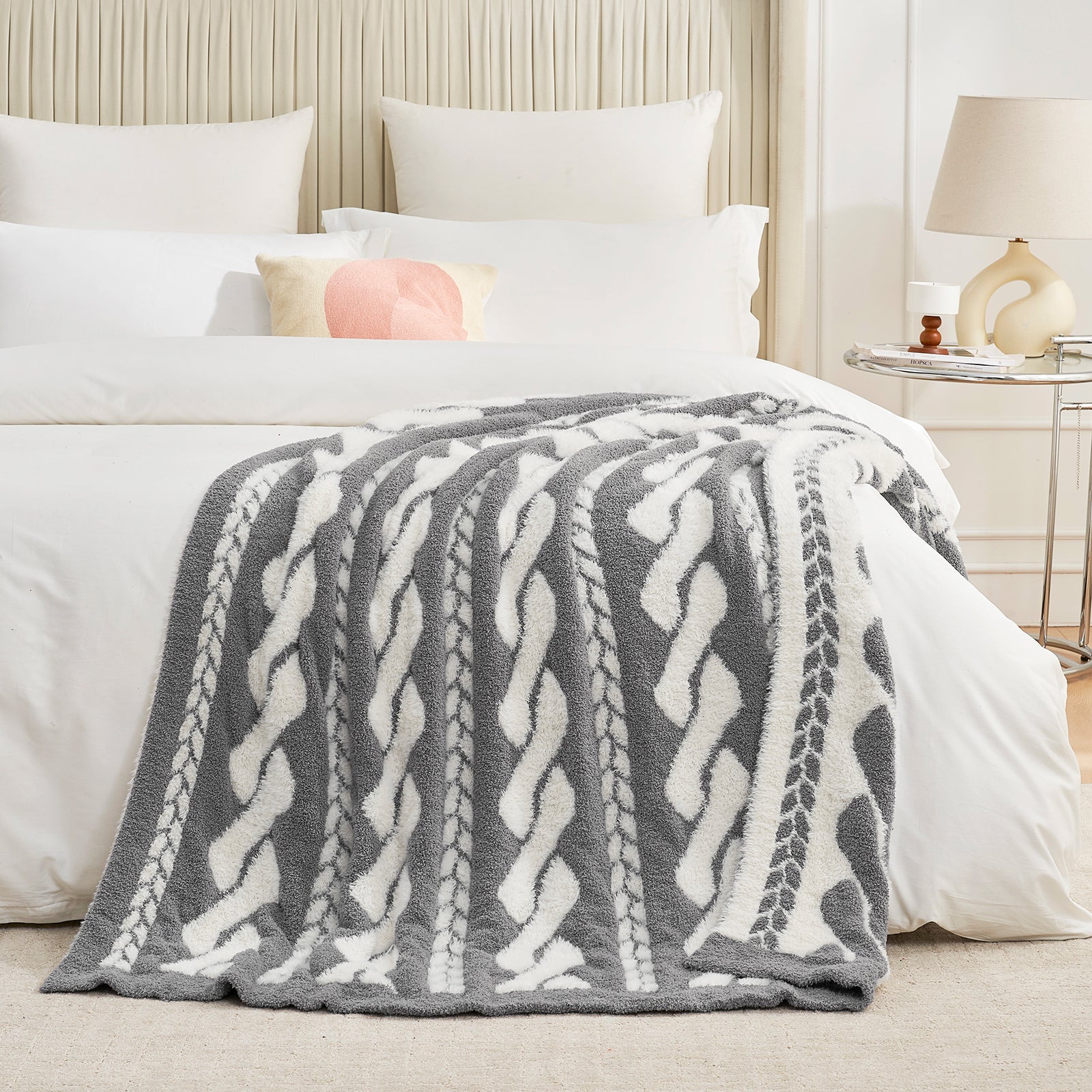 Amélie Home Double Sided Comfy Faux Fur Feather Yarn Throw Blankets-Cable Grey