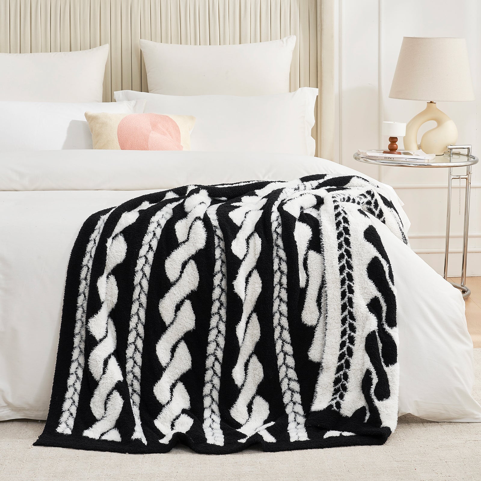 Amélie Home Double Sided Comfy Faux Fur Feather Yarn Throw Blankets-Cable Black