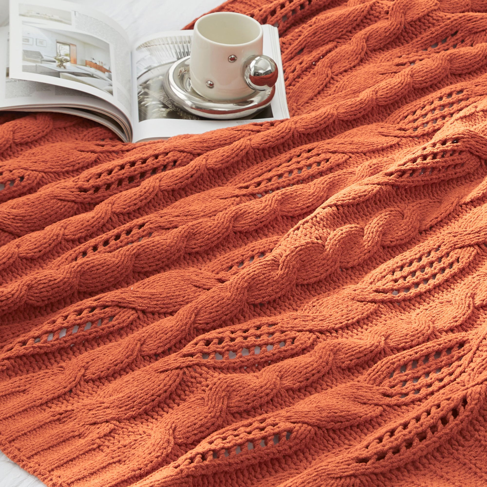 Cable Knitted Throw Blanket - Cable Orange