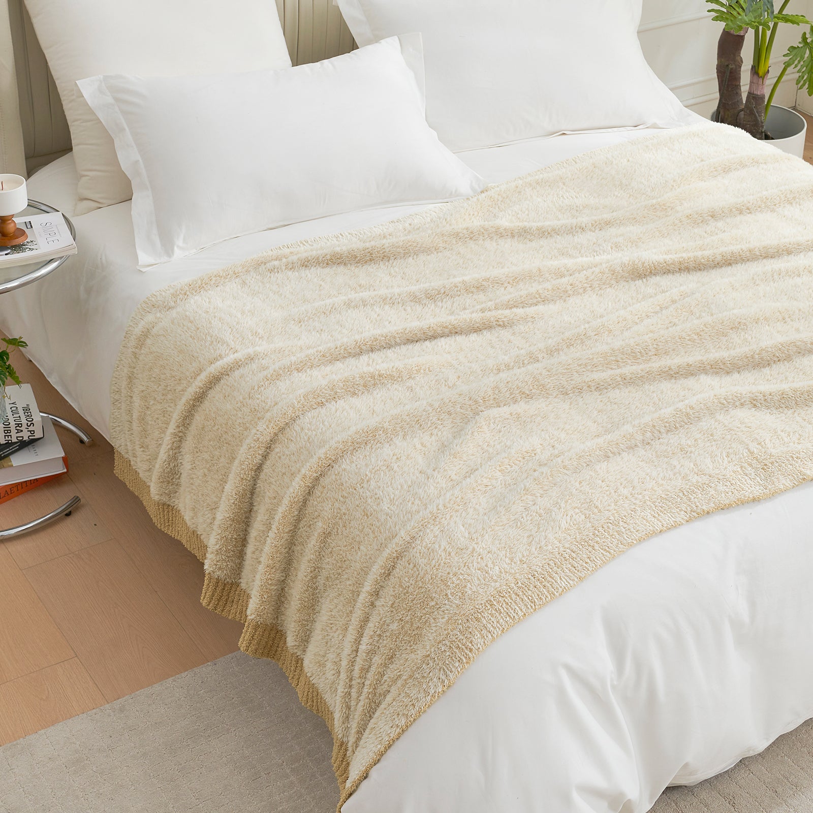 Amélie Home Super Soft Faux Fur Feather Yarn Throw Blankets-Heather Beige