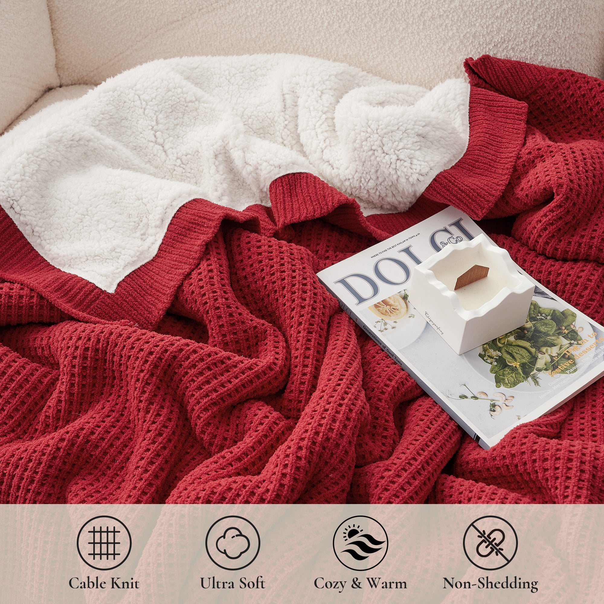 Chenille Waffle Weave Sherpa Fleece Reversible Throw Blanket-red