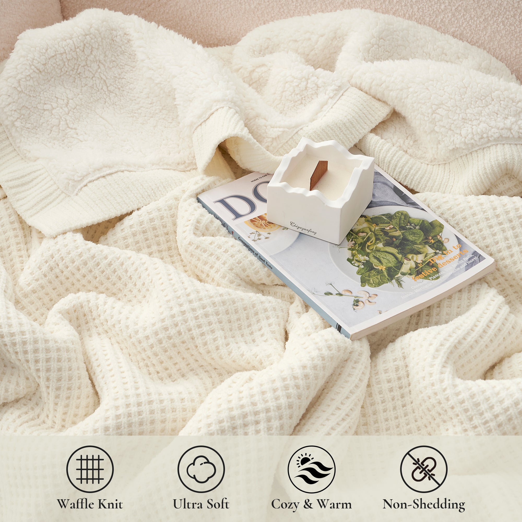 Chenille Waffle Weave Sherpa Fleece Reversible Throw Blanket-ivory