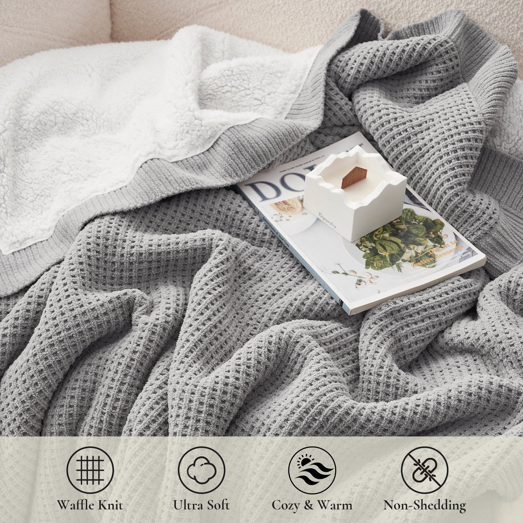 Chenille Waffle Weave Sherpa Fleece Reversible Throw Blanket-grey