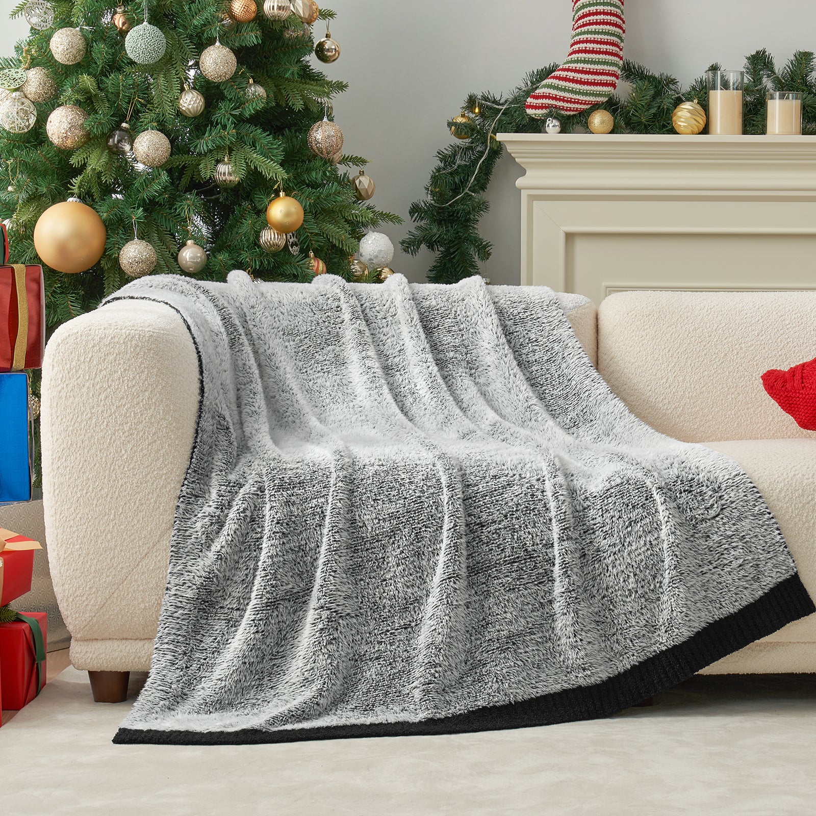 Amélie Home Super Soft Faux Fur Feather Yarn Throw Blankets-Heather Black