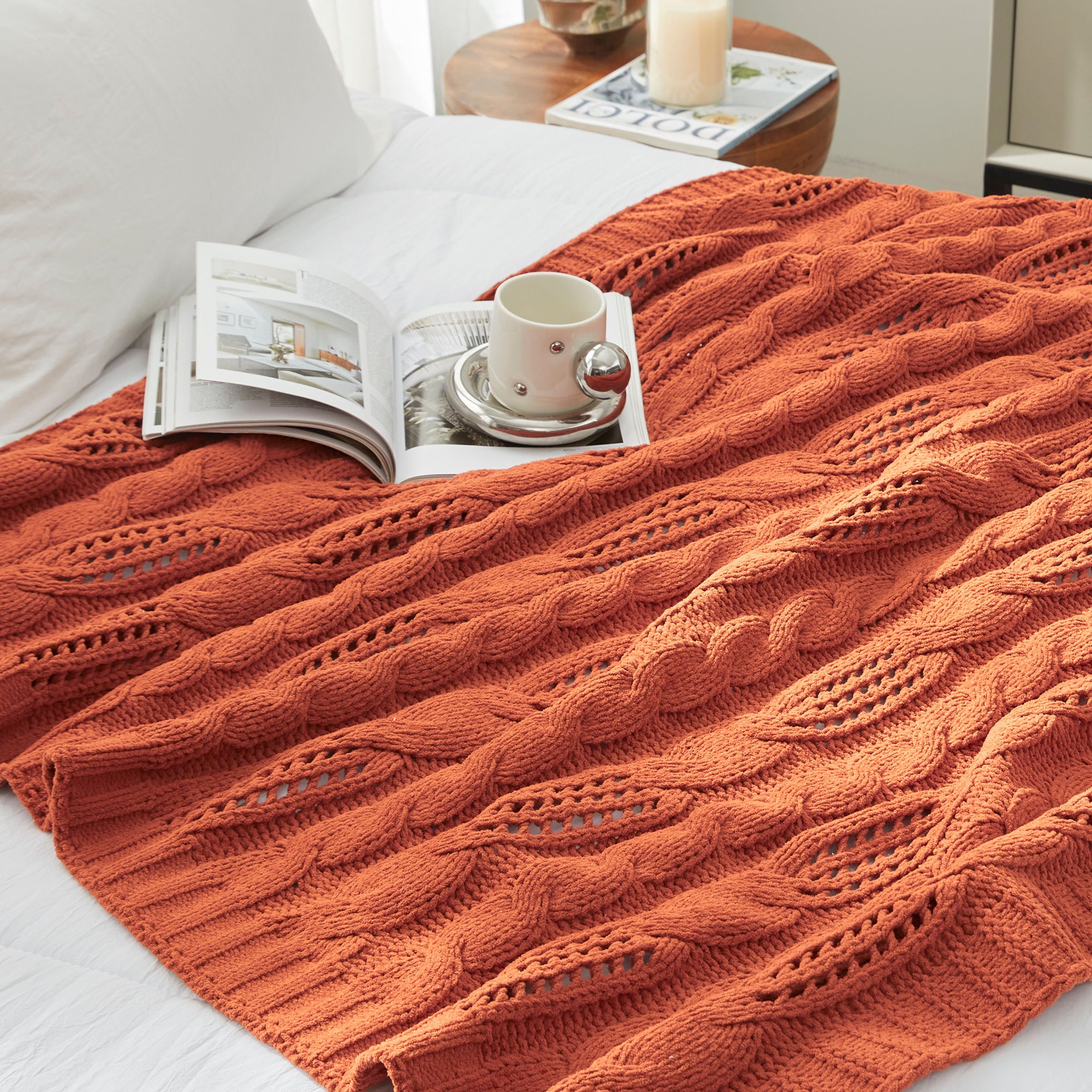 Cable Knitted Throw Blanket - Cable Orange