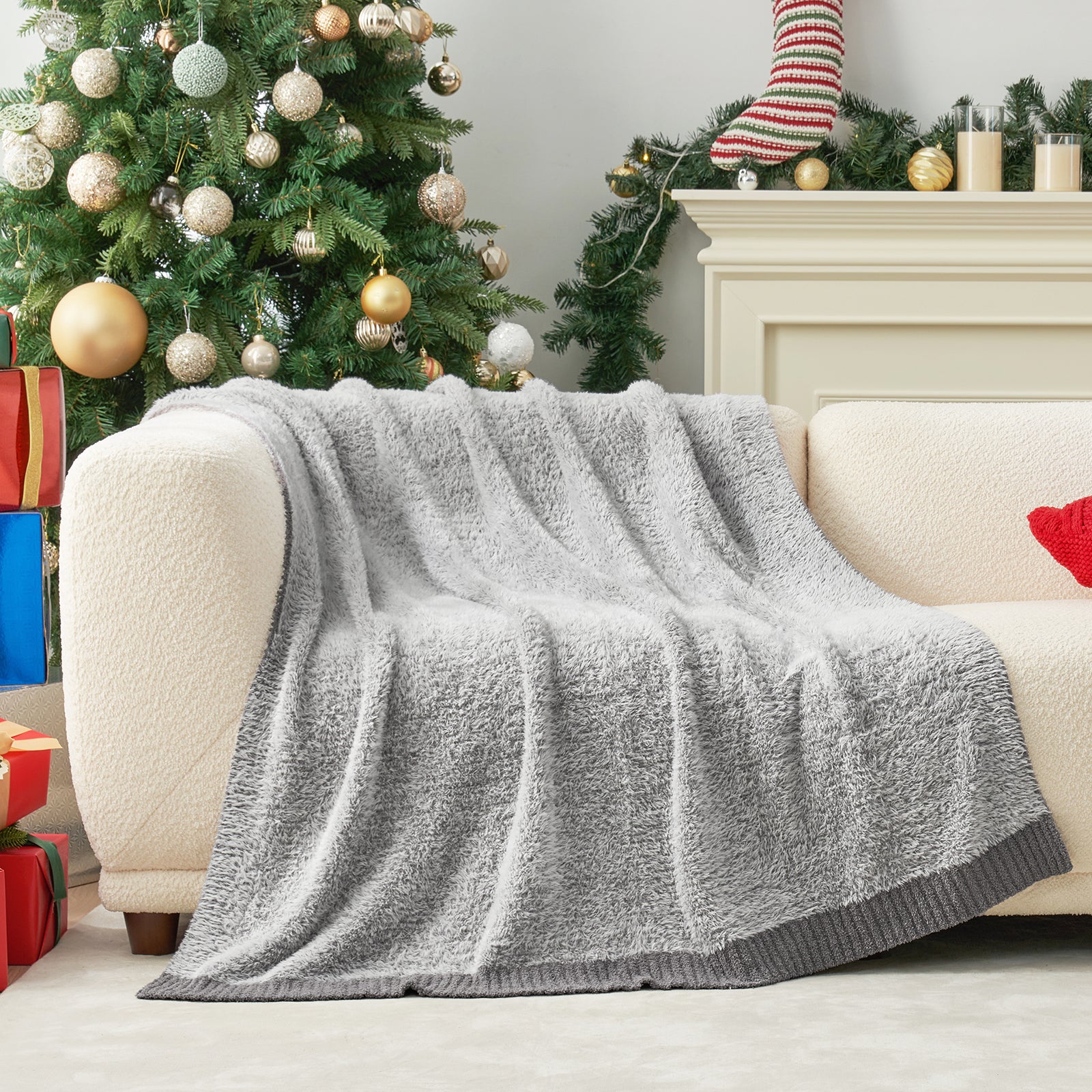 Amélie Home Super Soft Faux Fur Feather Yarn Throw Blankets-Heather Grey