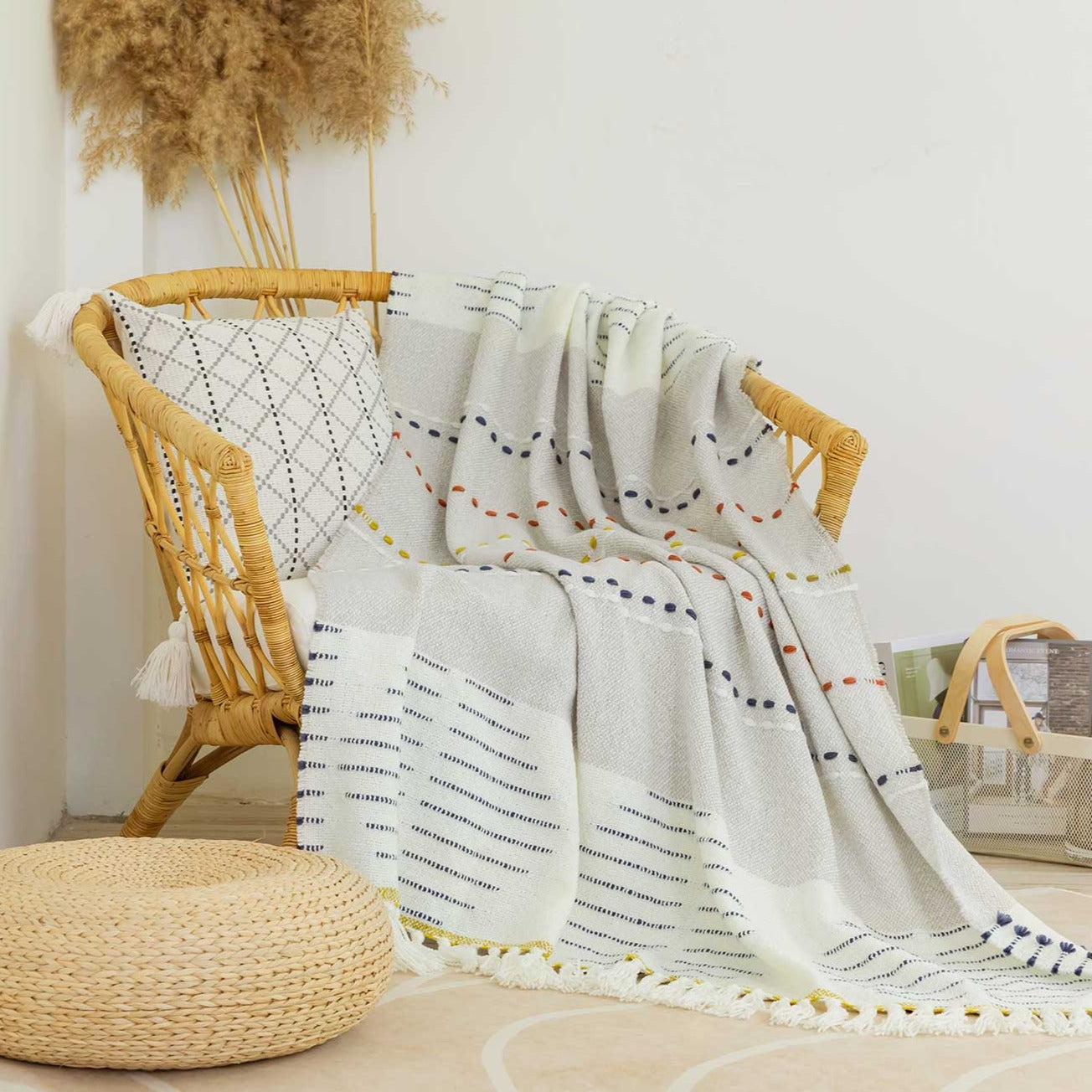 Boho Knitted Throw Blankets Pearl Grey Amelie Home